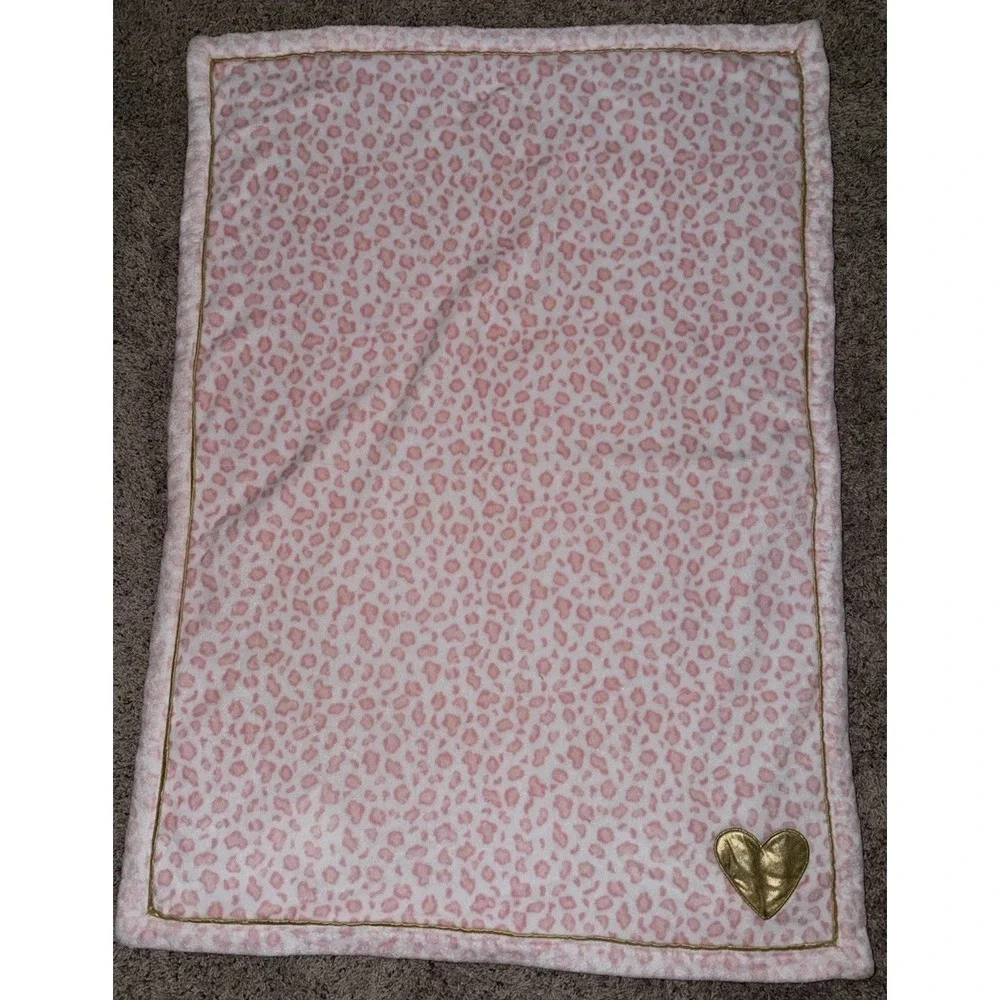 Just Born Girls Pink White Cheetah Leopard Gold Heart Plush‎ Fleece Baby Blanket